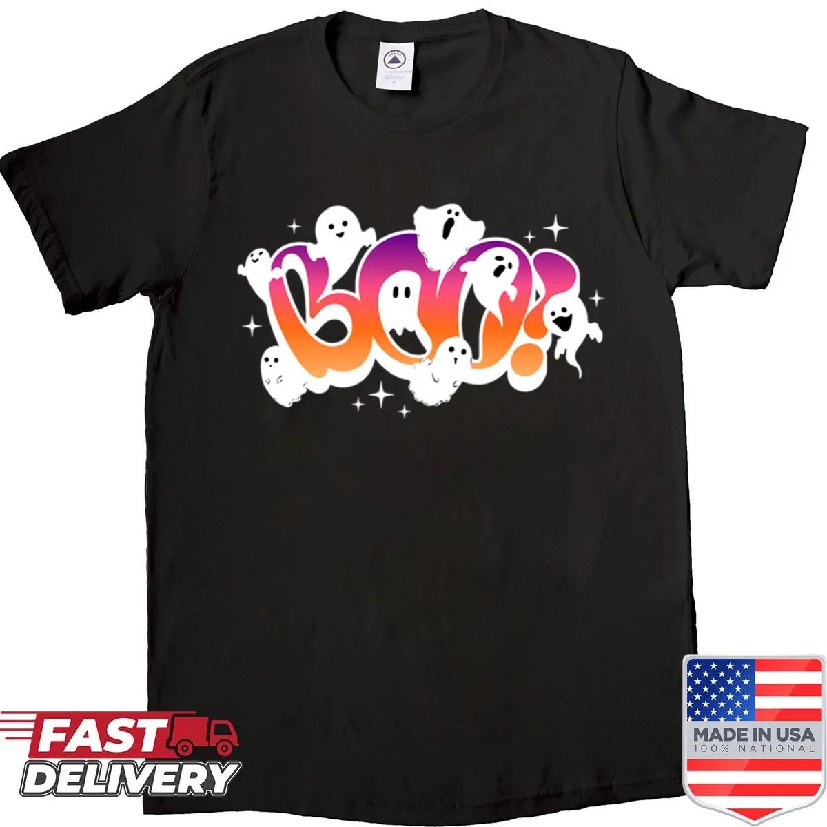 Whimsical ghost graphic with 'Boo!' text on a Halloween shirt