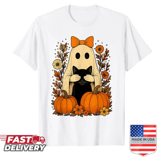 Funny Halloween shirt with ghost and black cat illustration