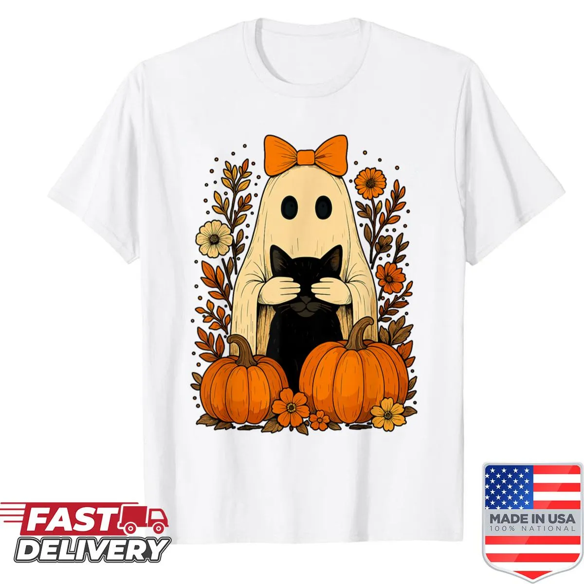 Funny Halloween shirt with ghost and black cat illustration