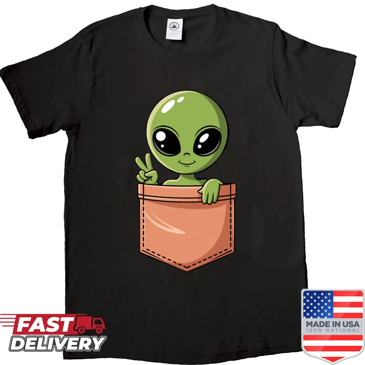 Funny alien graphic on pocket T-shirt