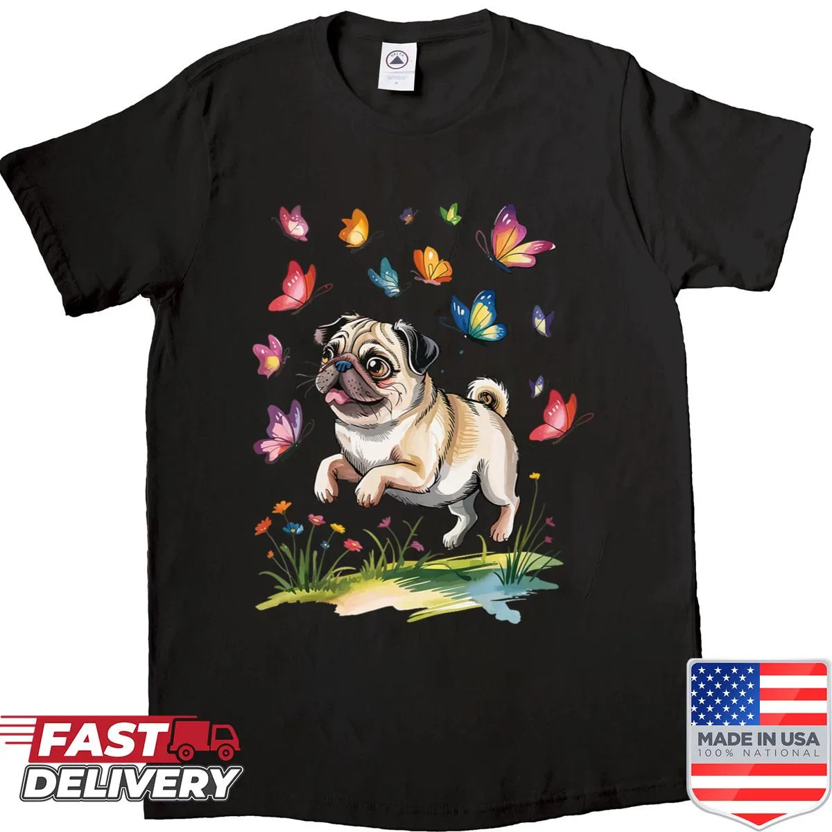 Playful pug with butterflies on a t-shirt