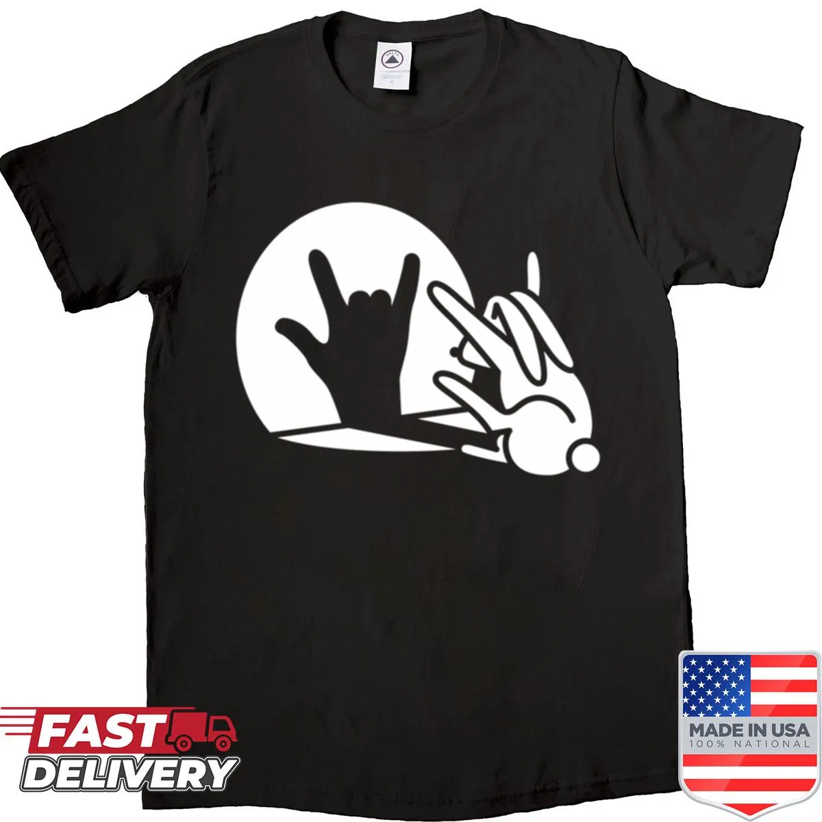 Cartoon T-shirt depicting a rabbit shadow hand gesture for rock music.
