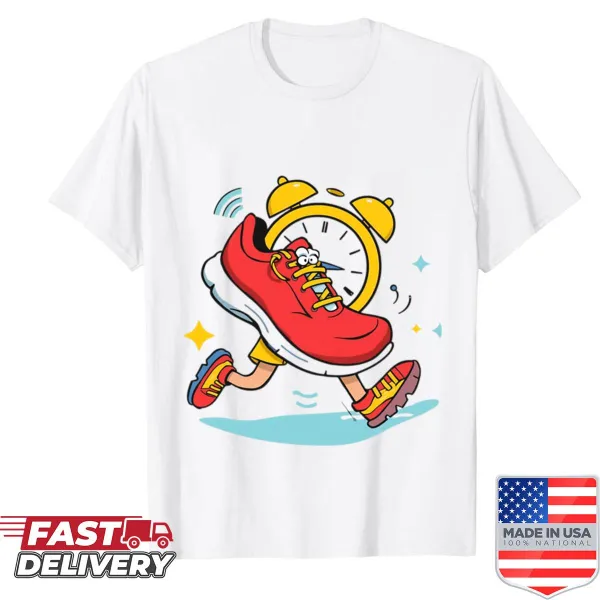 Funny running shoe and alarm clock design shirt
