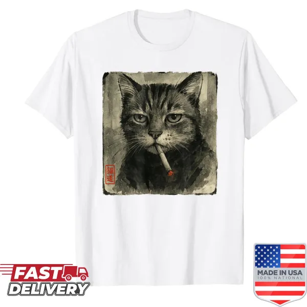 Sumi-e inspired shirt featuring a humorous sad cat smoking a cigarette.