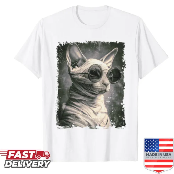Funny Sphynx cat in mummy costume with steampunk goggles