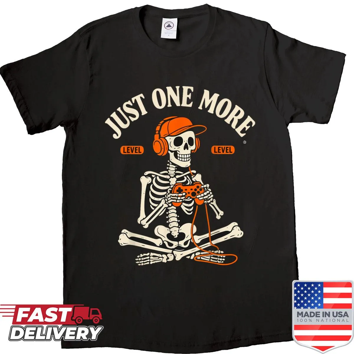 Halloween-themed shirt with a skeleton gamer and video game controller
