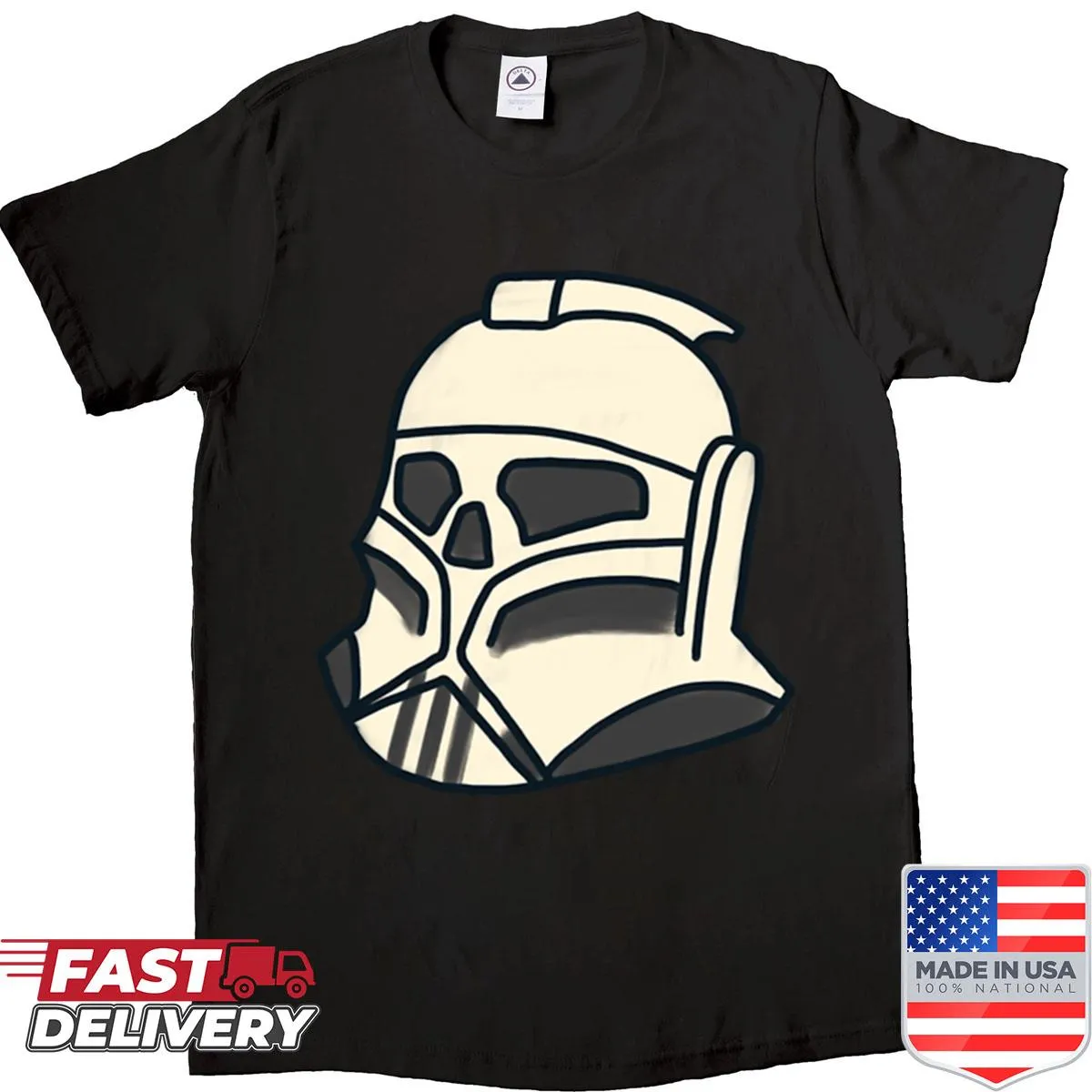 Whimsical Galactic Republic nose art graphic on a casual shirt