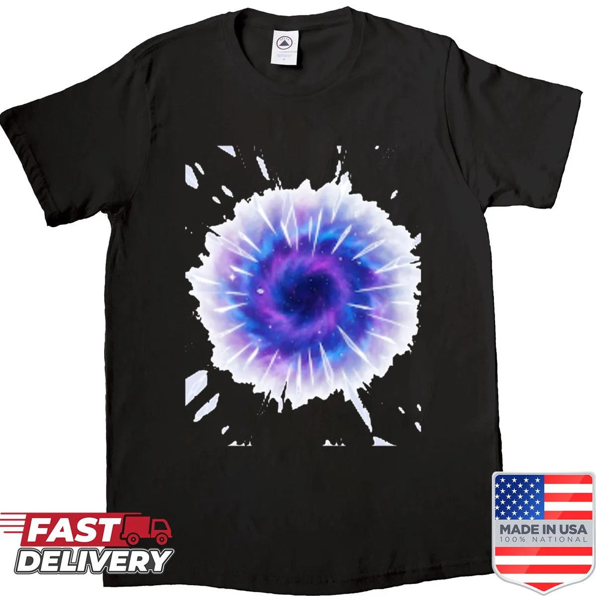 Minimalist galactic spiral graphic on a t-shirt