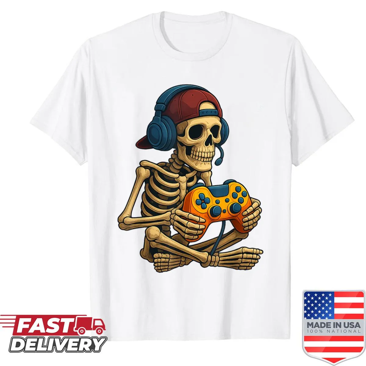Cartoon skeleton with video game controller on a Halloween shirt
