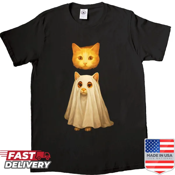 Cartoon ghost cat design on a funny Halloween shirt