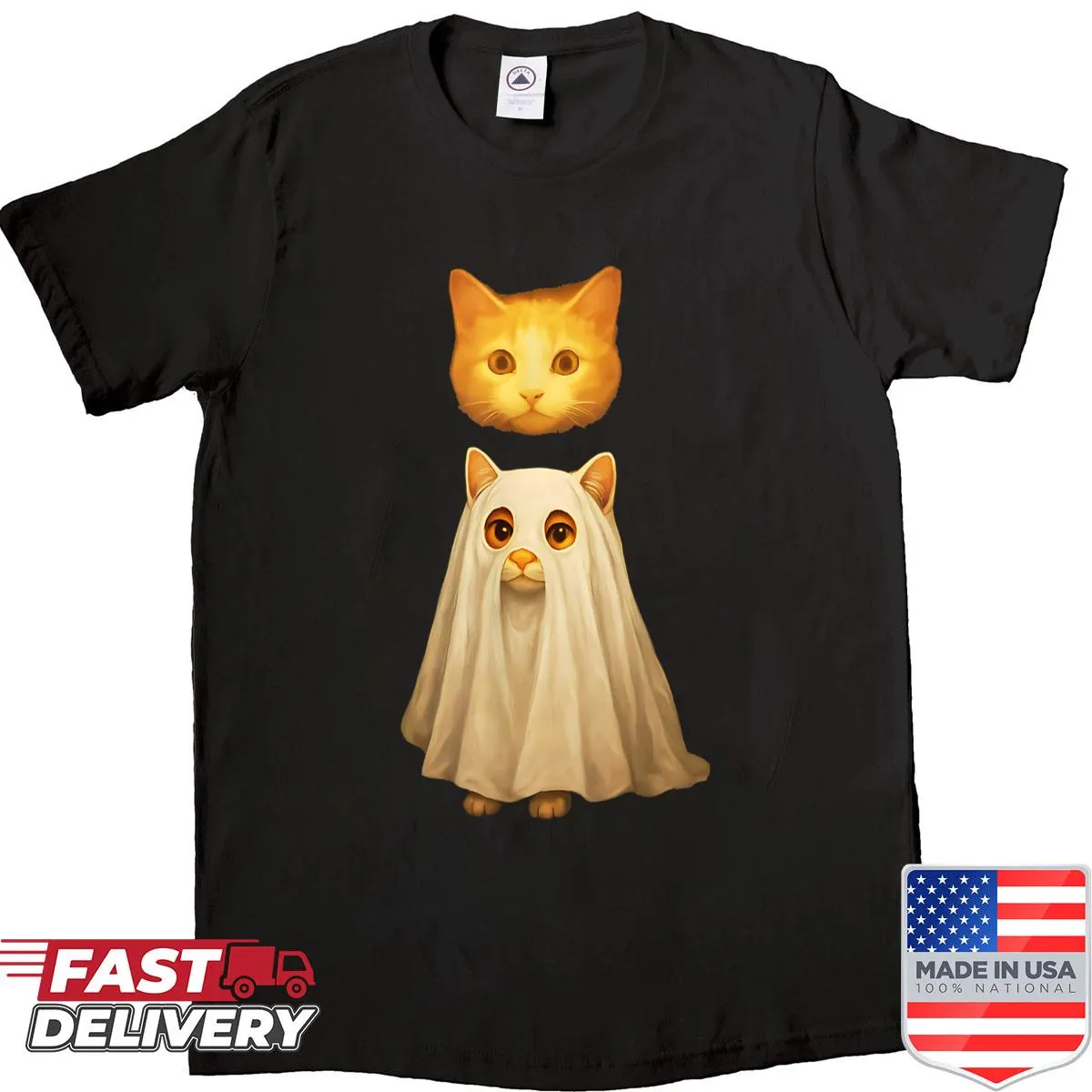 Cartoon ghost cat design on a funny Halloween shirt