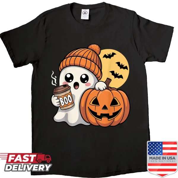 Cartoon ghost holding coffee with pumpkins for Halloween