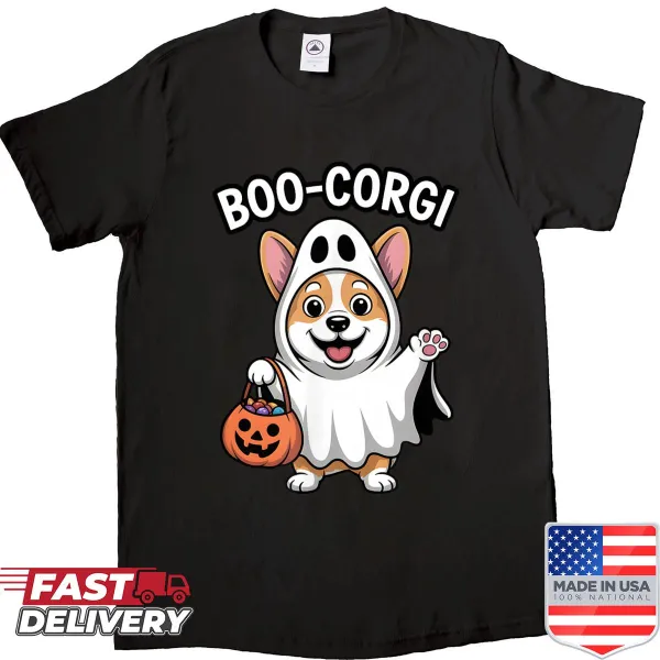 Funny Halloween shirt featuring a Corgi in a ghost costume