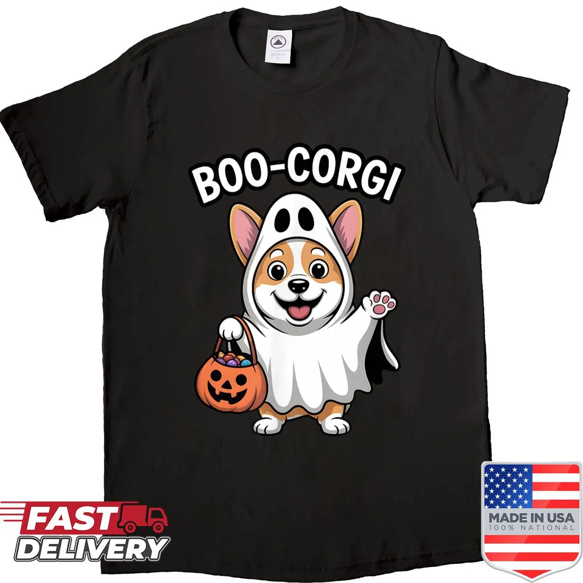 Funny Halloween shirt featuring a Corgi in a ghost costume