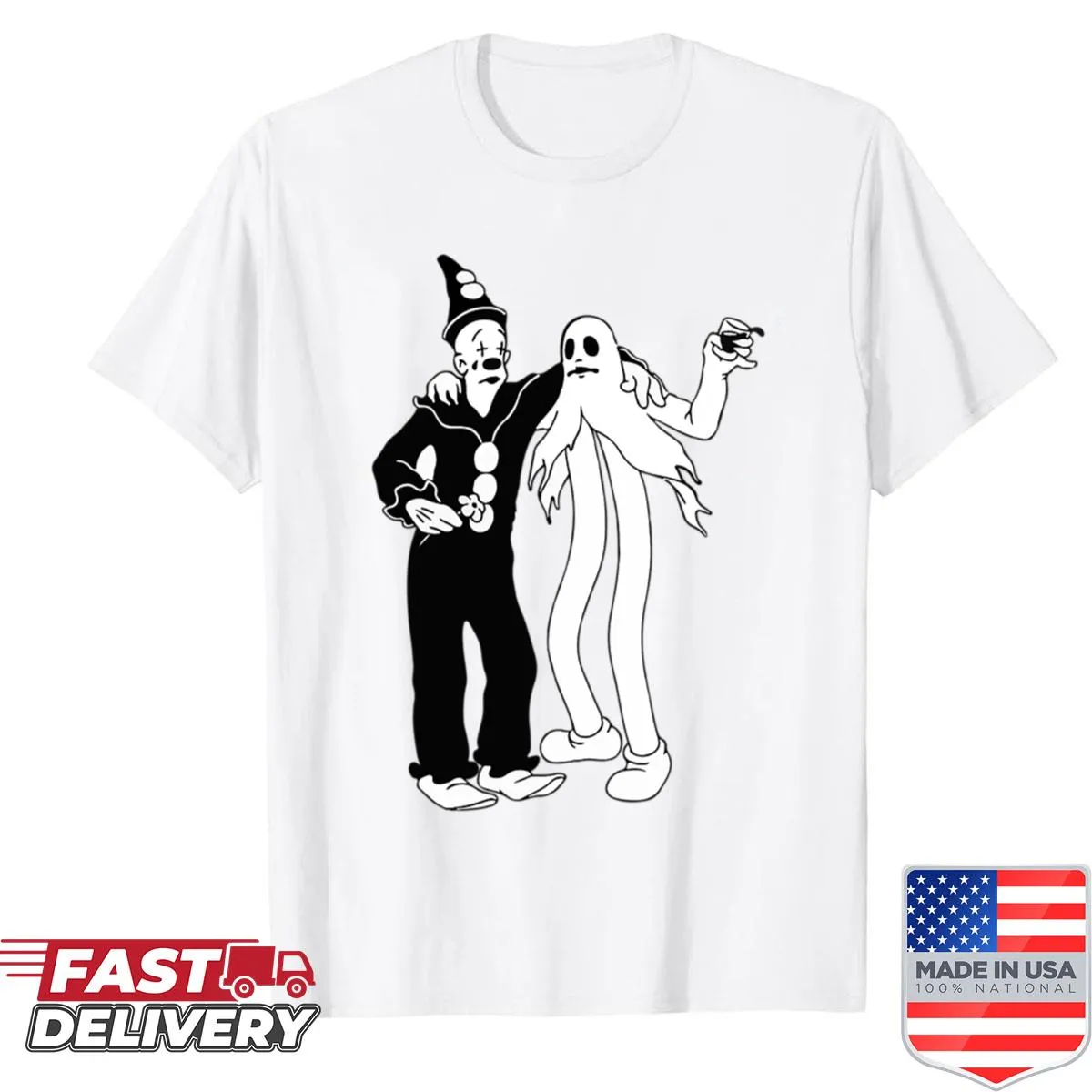 Dark retro cartoon shirt featuring a ghostly character in sticker style