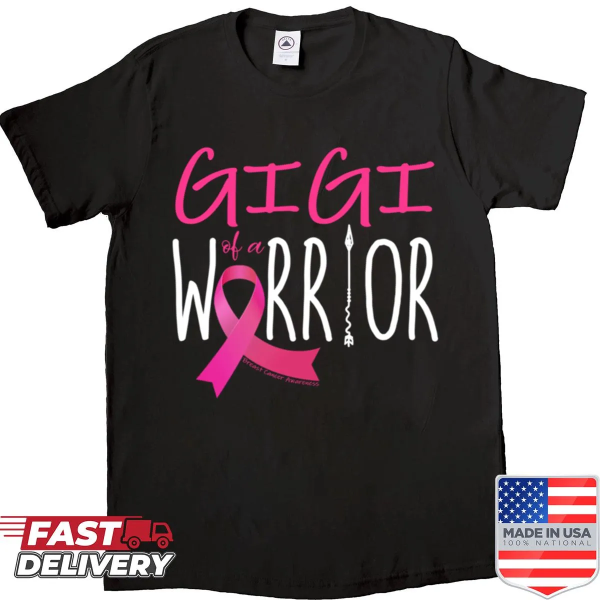 Gigi Of A Warrior shirt with breast cancer awareness ribbon graphic
