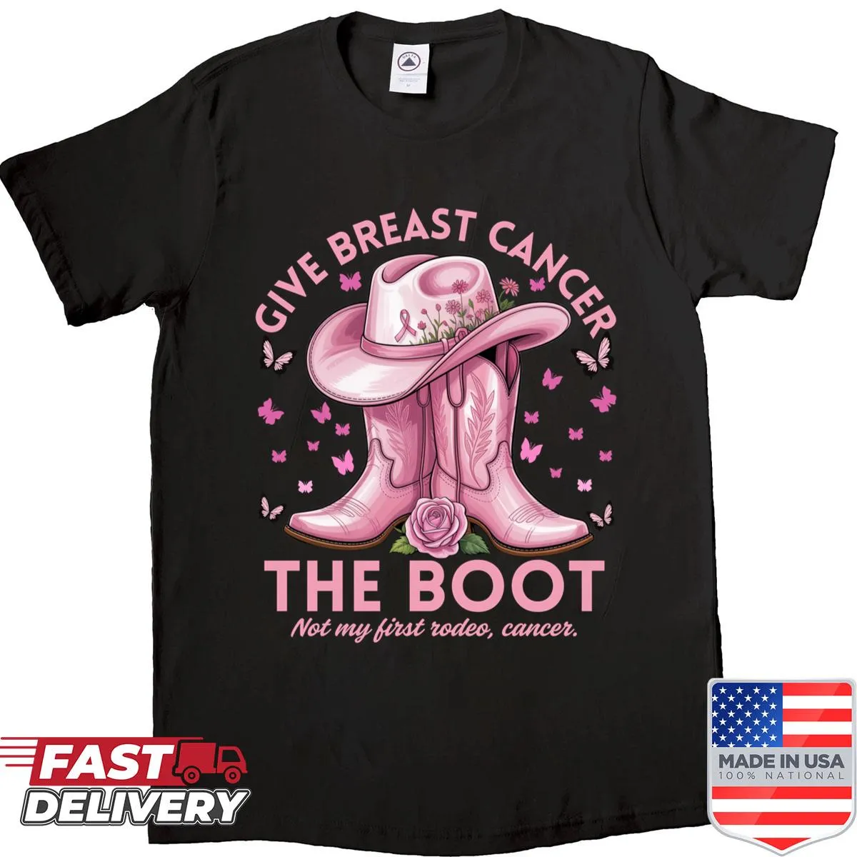 Cowgirl-themed cancer awareness shirt with a ribbon graphic