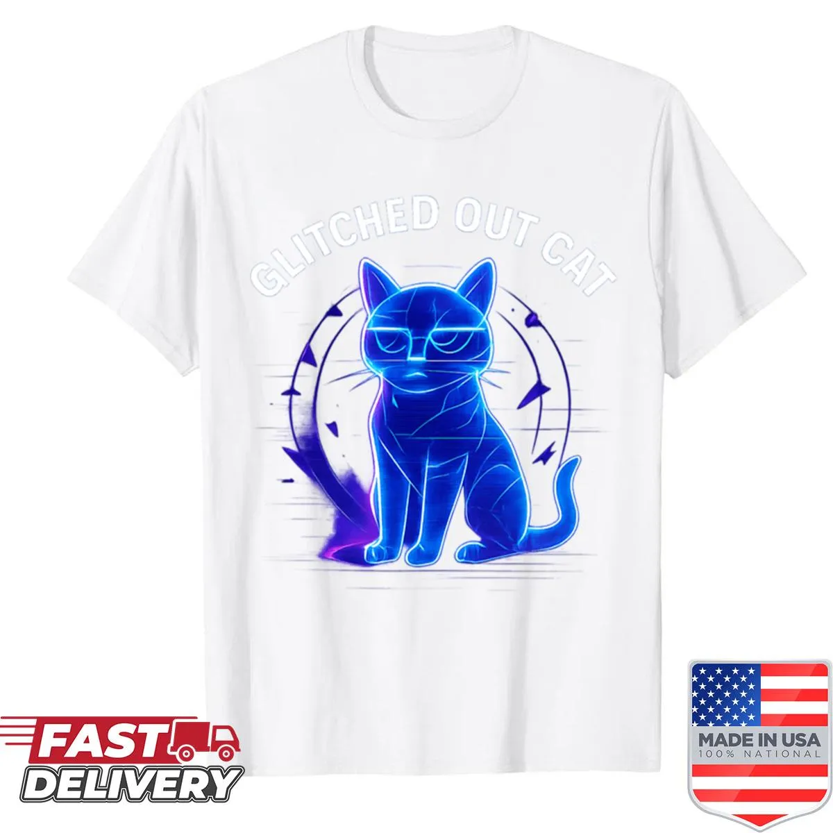 Hologram style glitched cat meme design on shirt