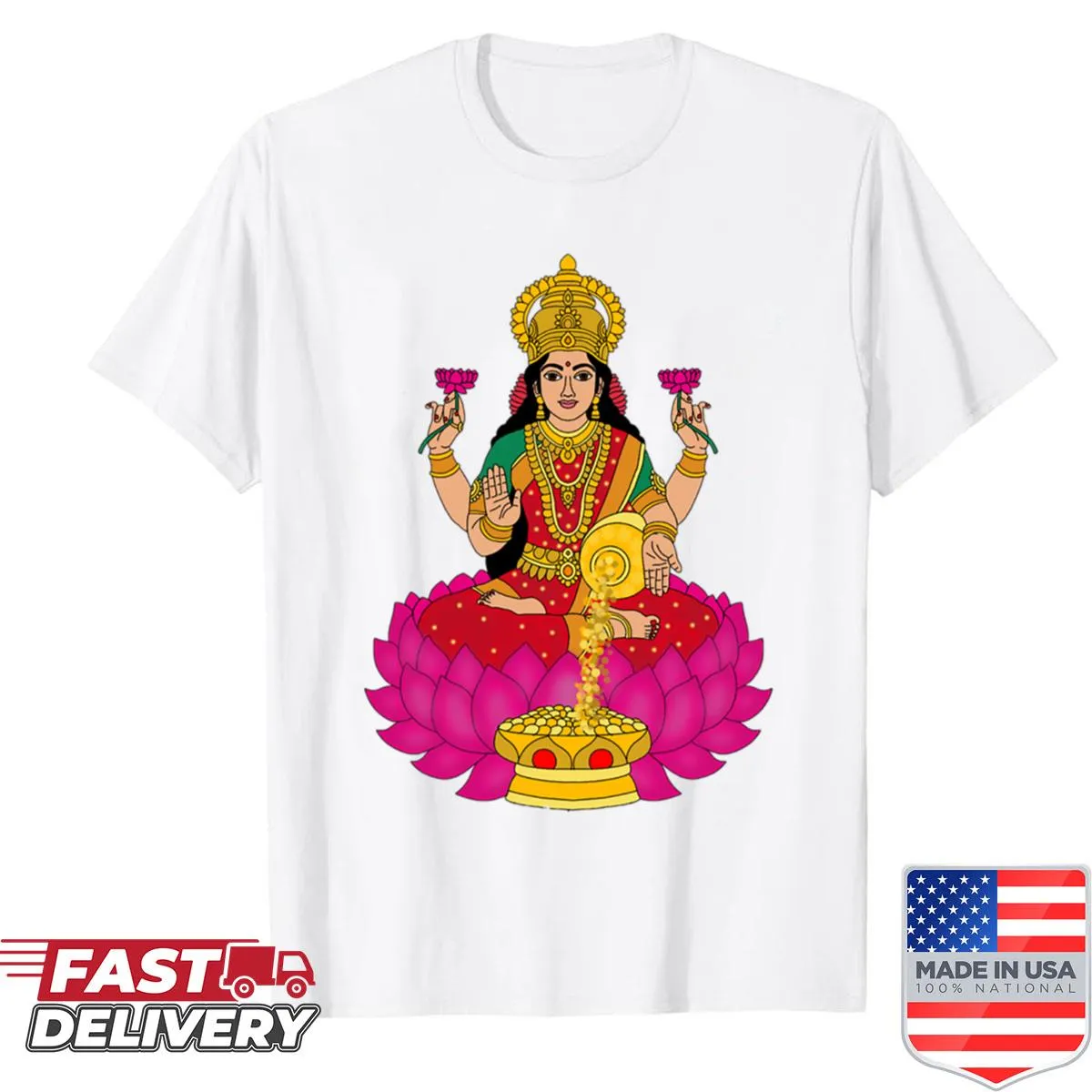 Goddess Lakshmi illustration on a lotus flower shirt