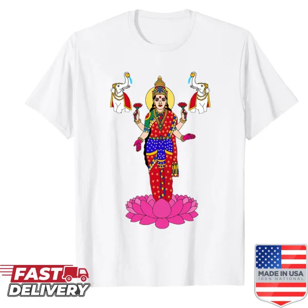Shirt featuring Goddess Lakshmi standing on lotus in digital painting