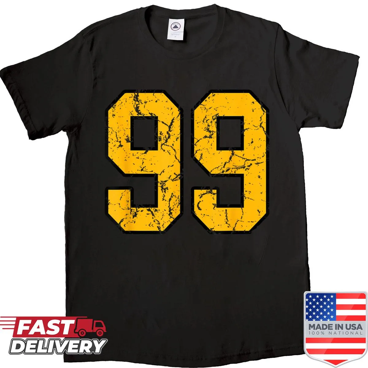 Sports jersey shirt with number 99 in gold and black design