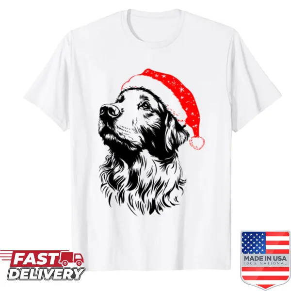 Cute golden retriever wearing a Santa hat t-shirt