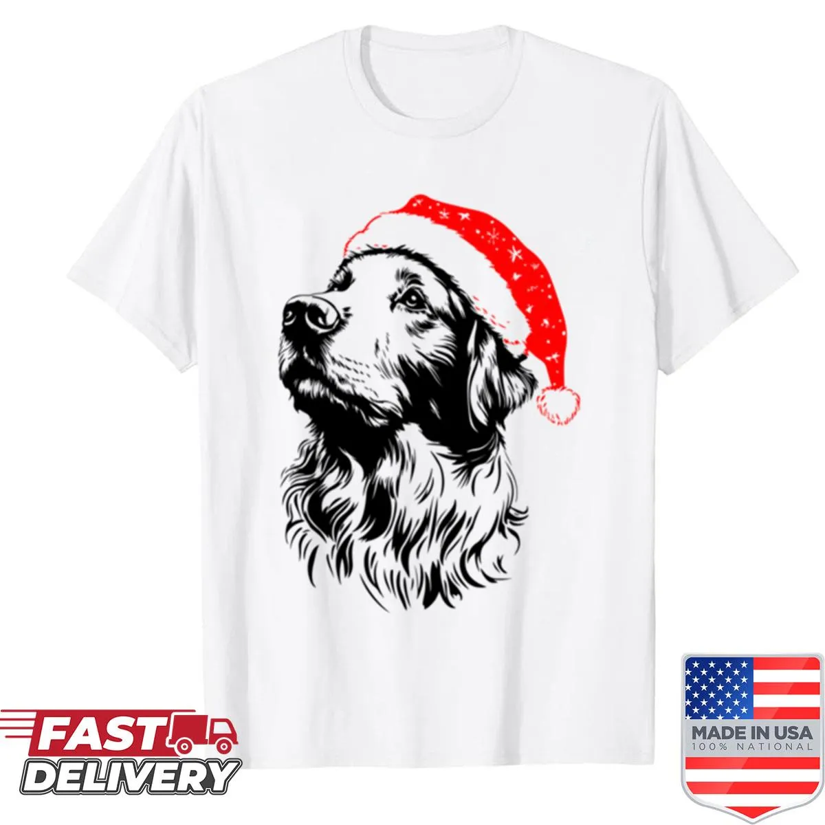 Cute golden retriever wearing a Santa hat t-shirt