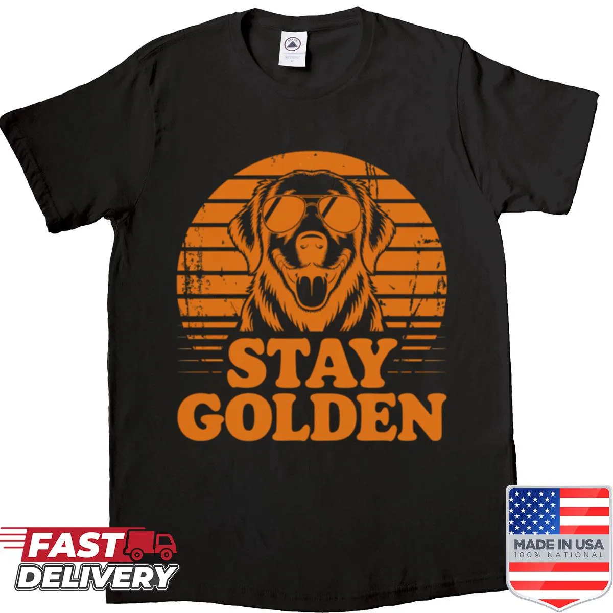 Adorable golden retriever wearing glasses graphic t-shirt
