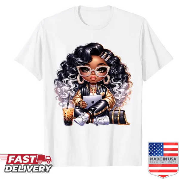 Elegant drawing of a Black girl with long braids on shirt