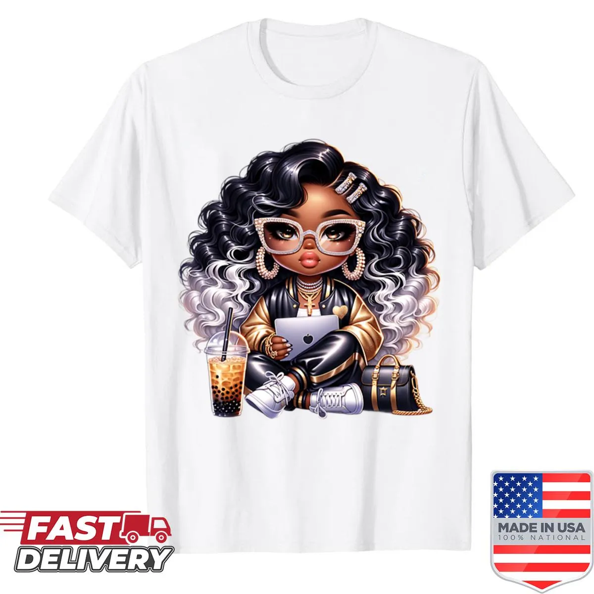 Elegant drawing of a Black girl with long braids on shirt