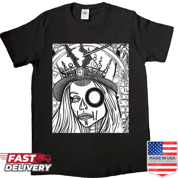 Illustration of a gothic queen with a crown on a dark-themed shirt.