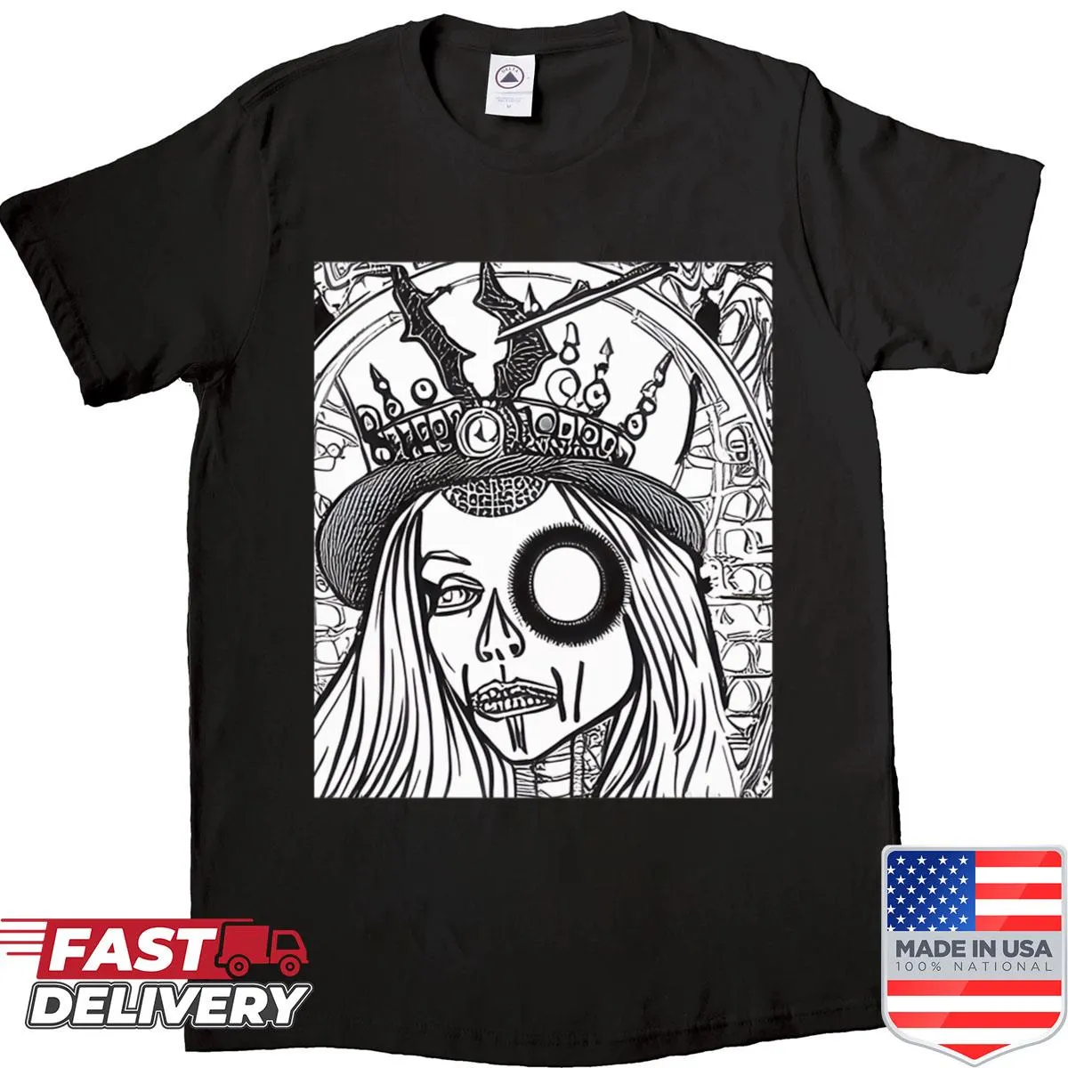 Illustration of a gothic queen with a crown on a dark-themed shirt.