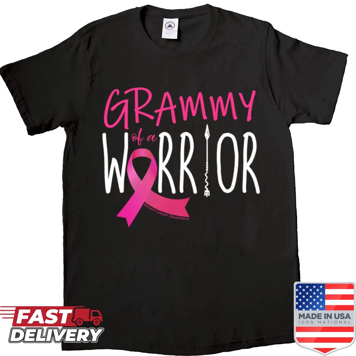 Breast cancer awareness shirt with a ribbon and 'Grammy Of A Warrior' text