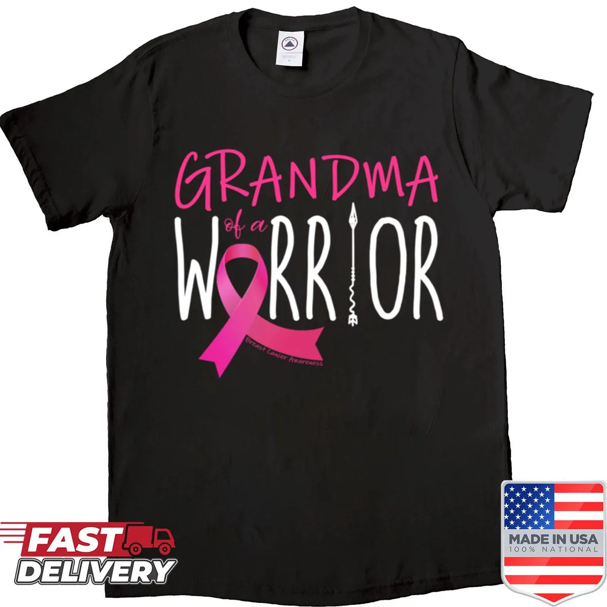 Shirt celebrating Grandma of a warrior with breast cancer awareness ribbon