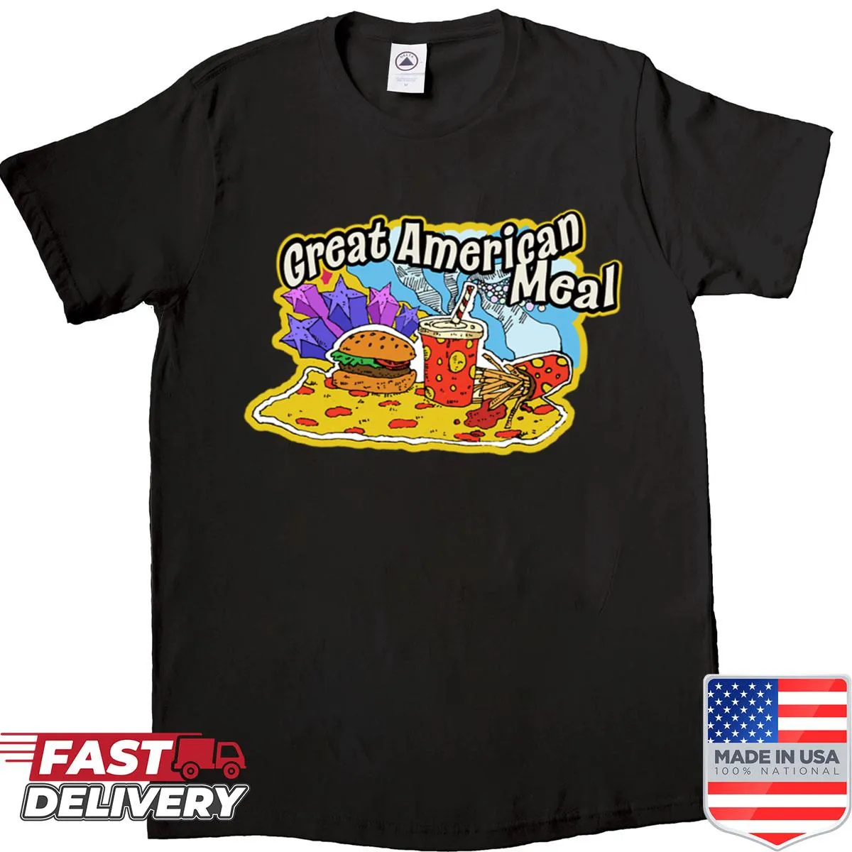 Typography design celebrating American meals on a t-shirt
