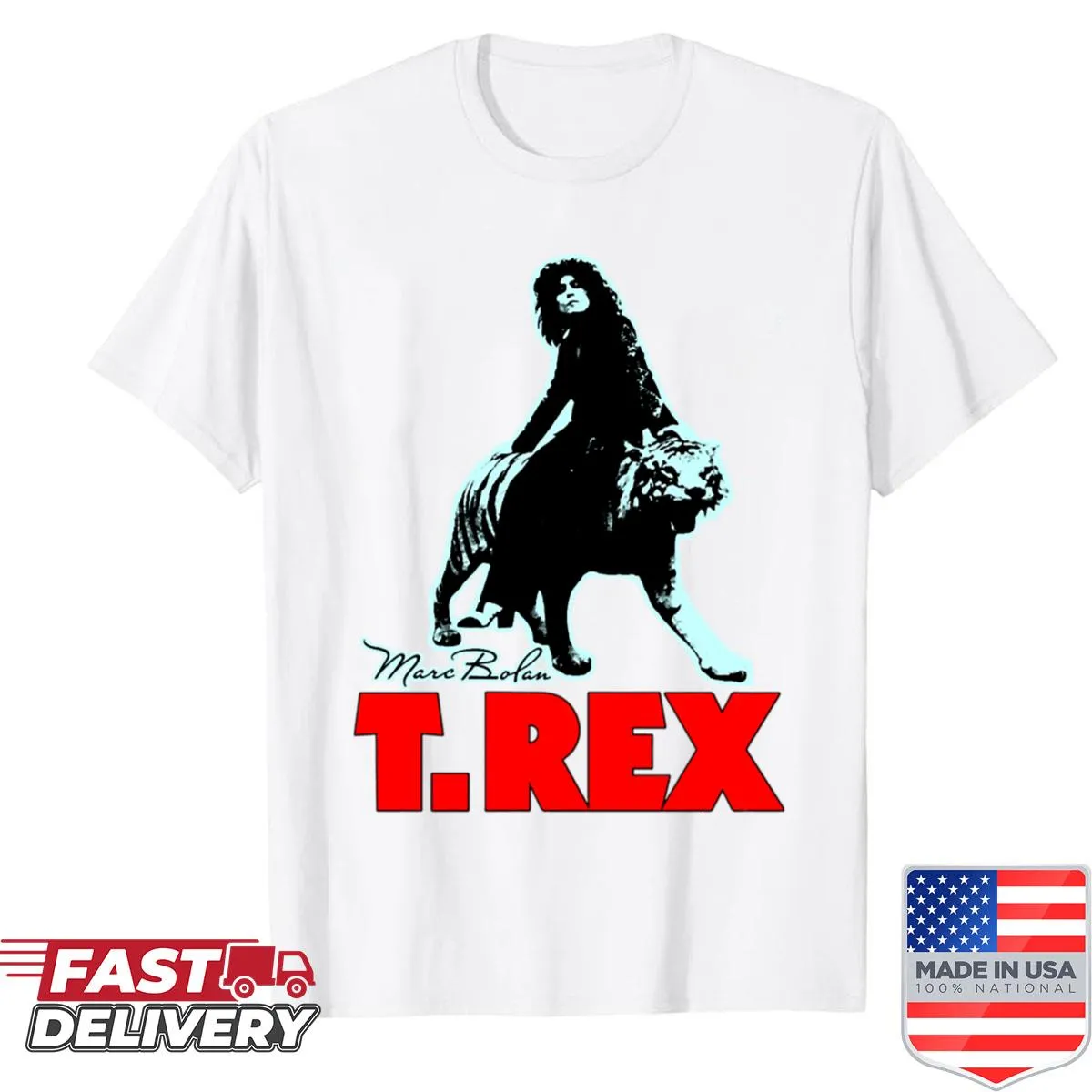 Vintage-style T-Rex band graphic shirt with playful dinosaur design