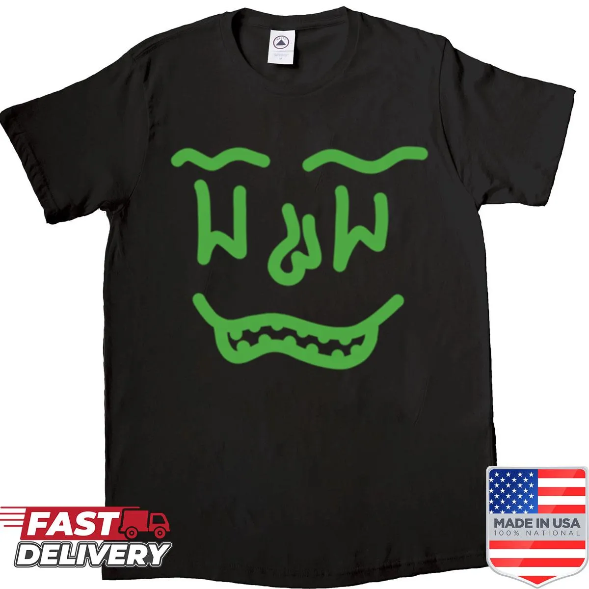 Playful green doodle face graphic on a casual shirt
