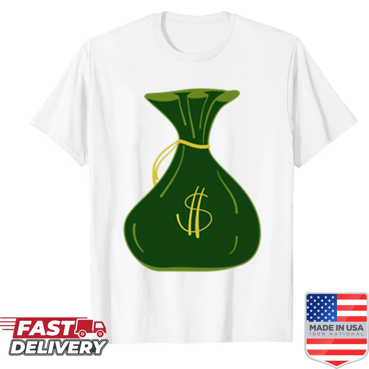 Bold money bag graphic on a shirt