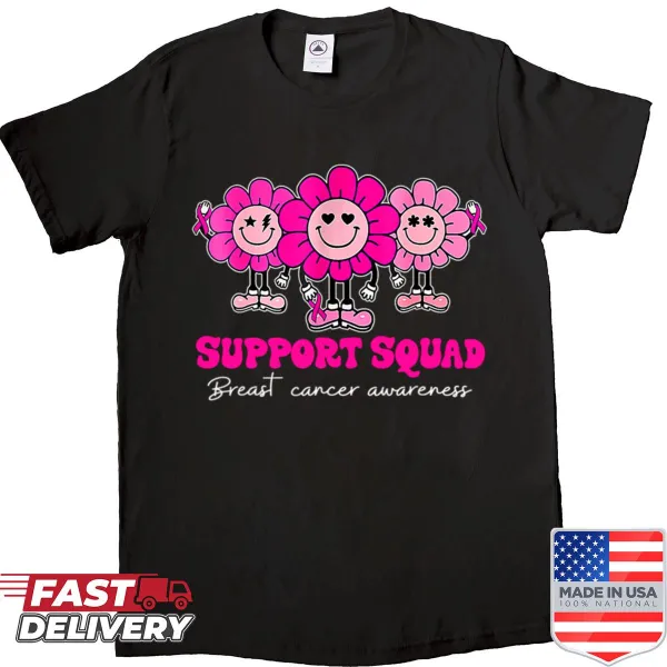 Supportive shirt with the phrase 'I Wear Pink For Support' in a groovy style