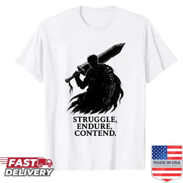 Motivational shirt featuring the phrase 'Guts Struggle Endure Contend' in bold typography.