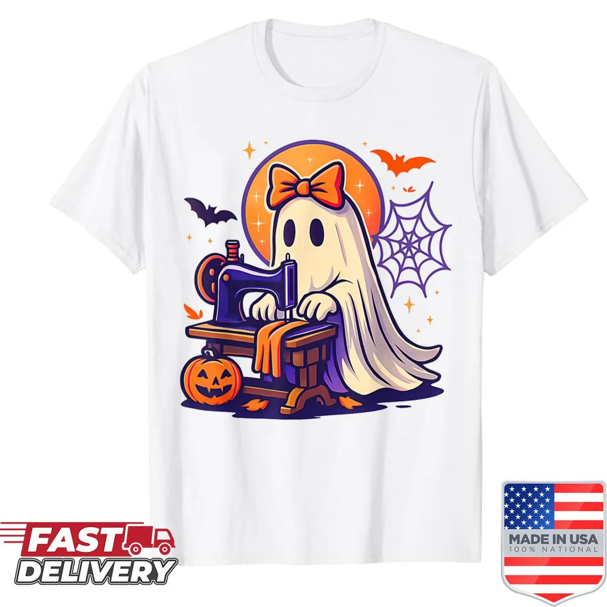 Cute ghost with quilting motifs on Halloween shirt for women