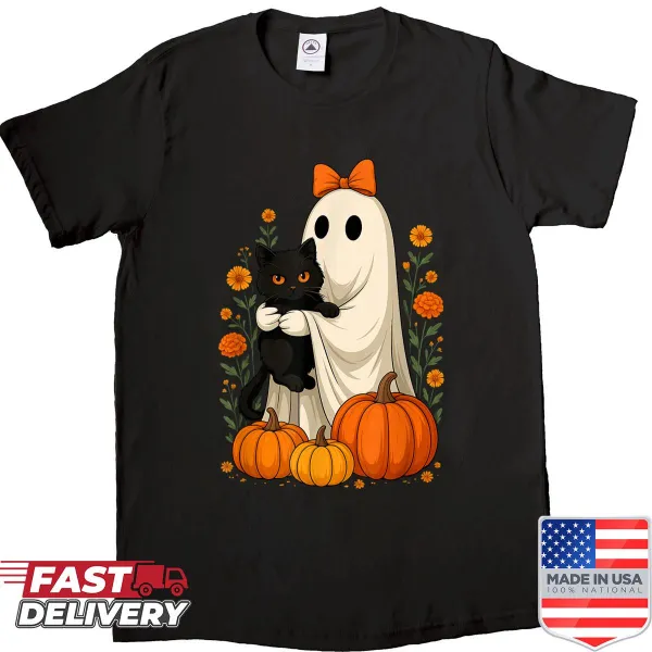 Playful Halloween shirt featuring a ghost, black cat, and floral pumpkin