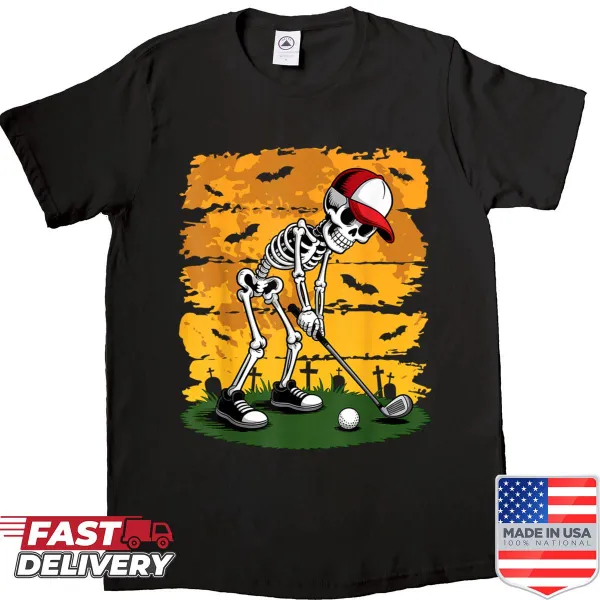 Funny Halloween golf shirt featuring a skeleton golfer in action