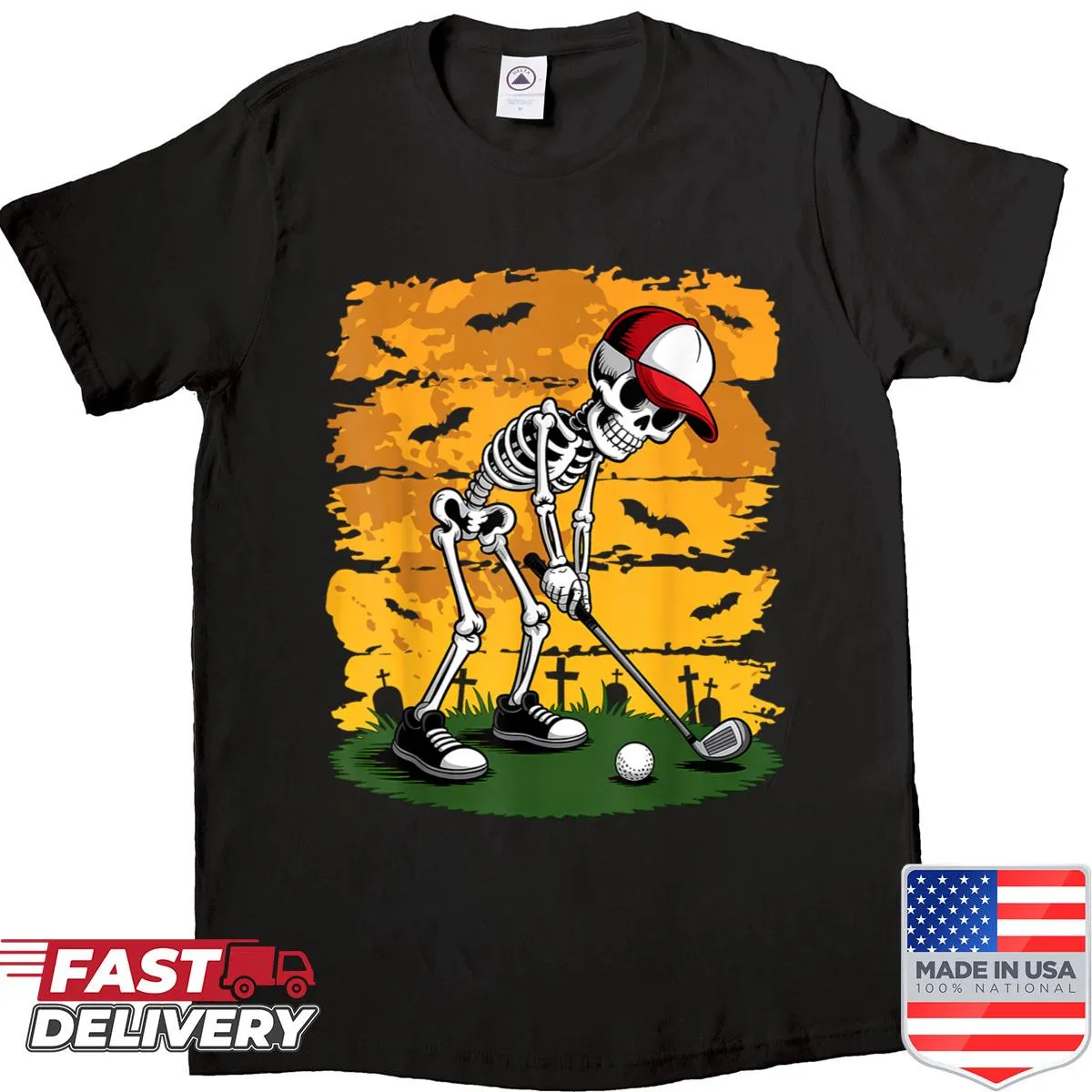 Funny Halloween golf shirt featuring a skeleton golfer in action