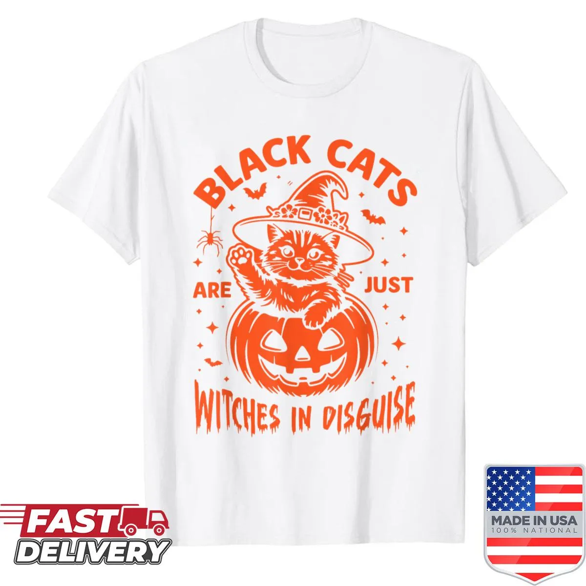 Whimsical black cat in witch hat on pumpkin Halloween shirt