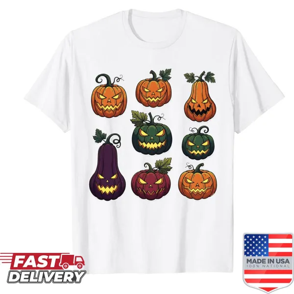 Whimsical shirt featuring cheerful Halloween pumpkins