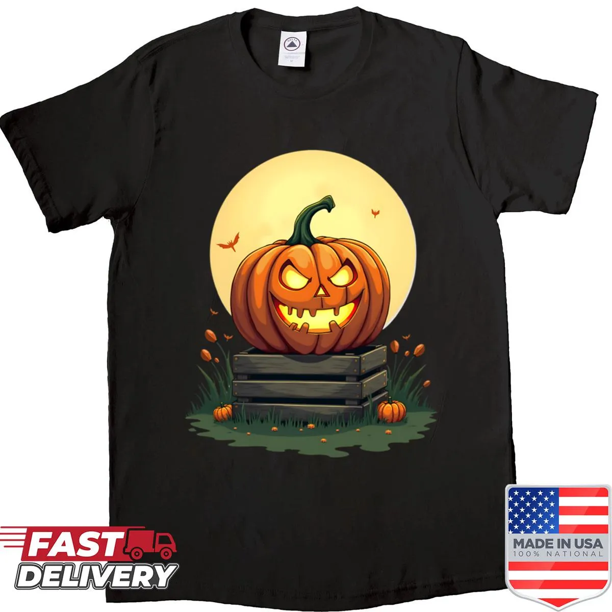 Scary pumpkin on a crate with full moon Halloween shirt