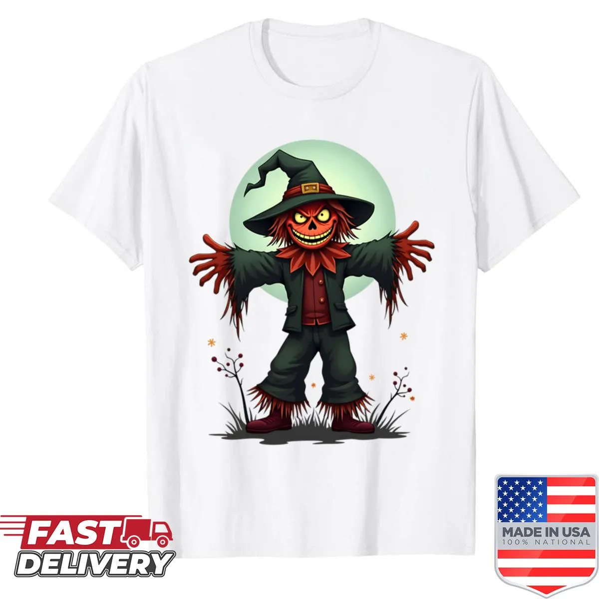 Halloween T-shirt featuring a scary scarecrow with a full moon