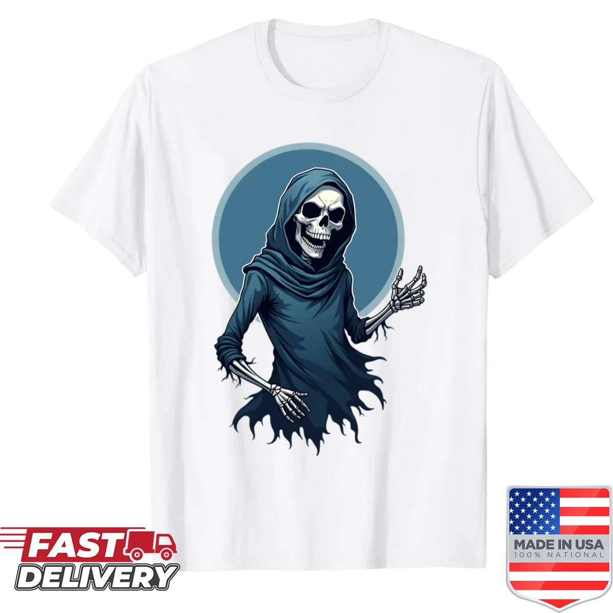 Scary skeleton design on a shirt with a full moon backdrop.