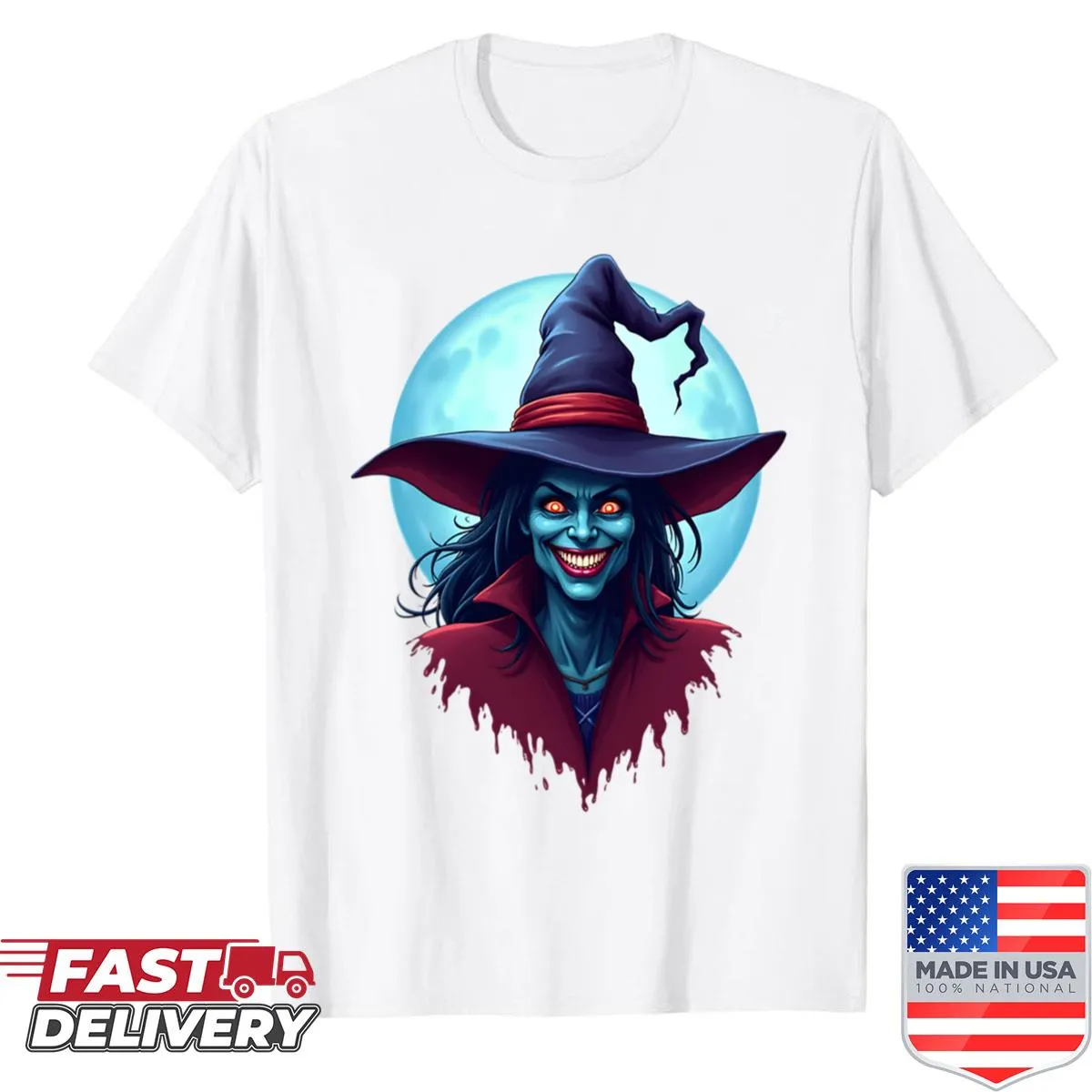 Silhouette of a witch against a full moon for Halloween shirt